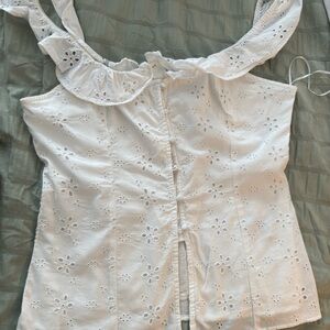 Elegant White Eyelet Blouse with Ruffle